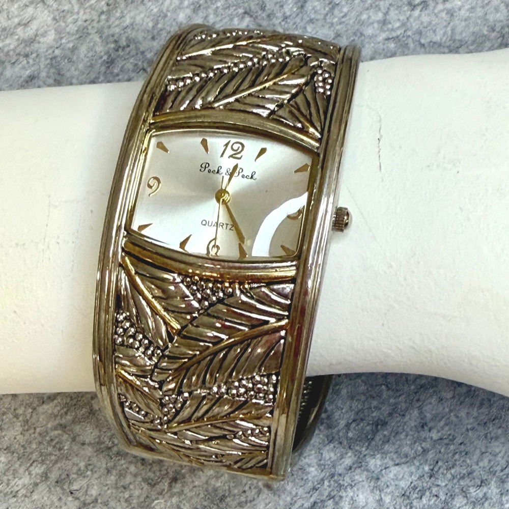 Peck & Peck Womens Cuff Watch Silver Gold Tone Leaf Bangle PCP259‎ Quartz